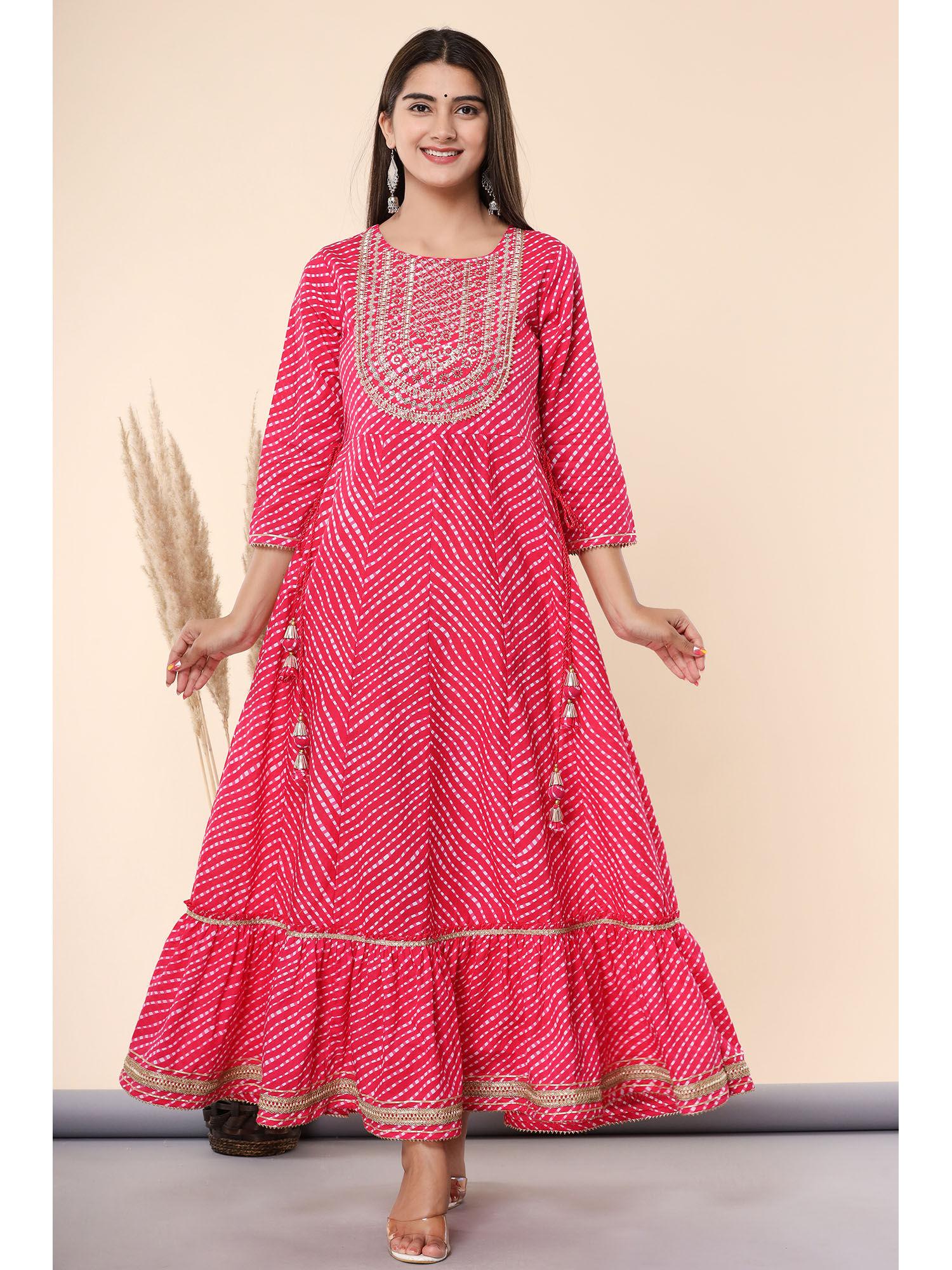 fuchsia cotton leheriya printed anarkali dress with embroidered yoke