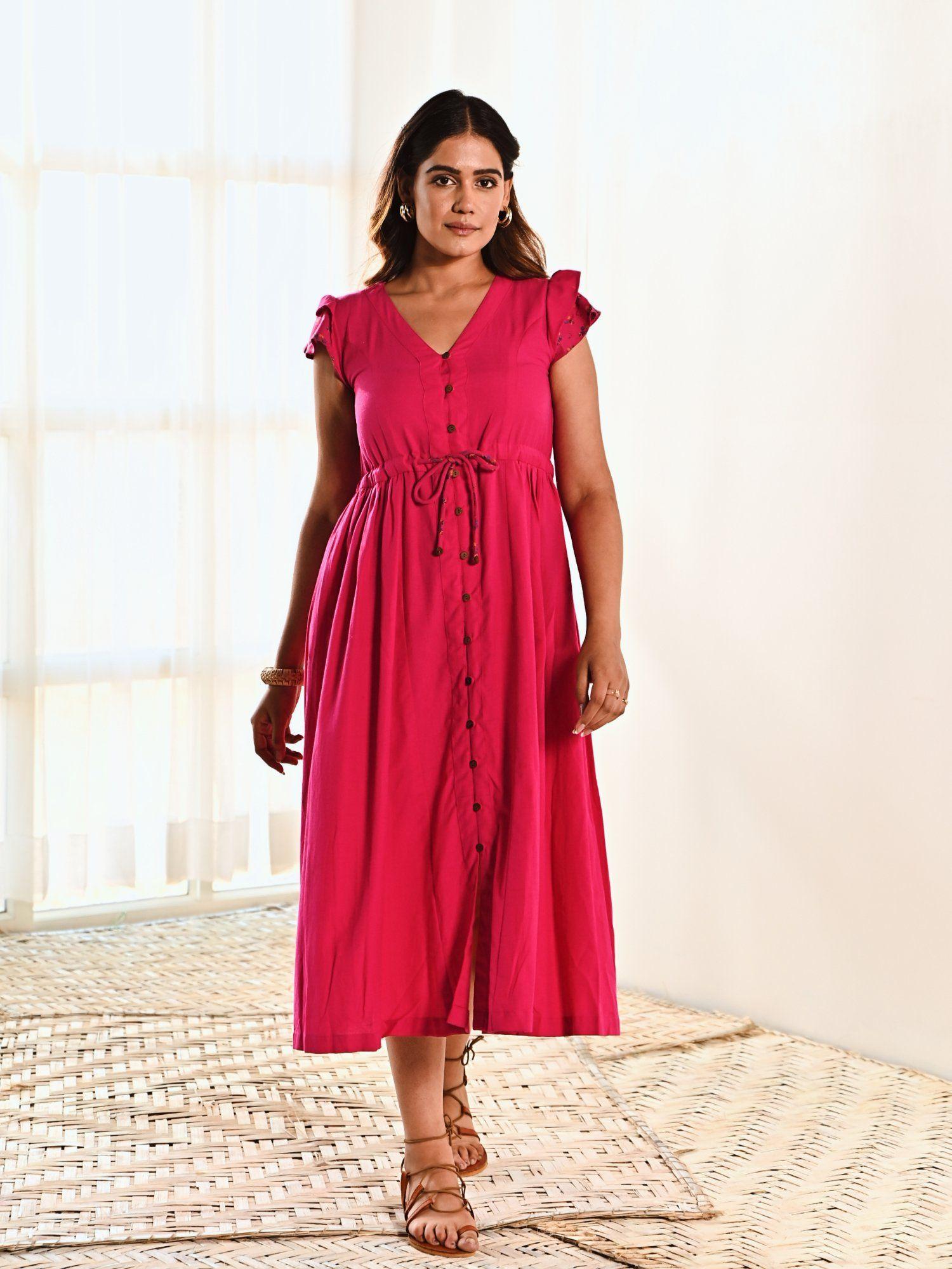 fuchsia cotton long shirt dress