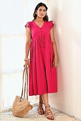 fuchsia cotton midi dress