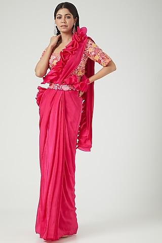 fuchsia crepe pre-draped saree set