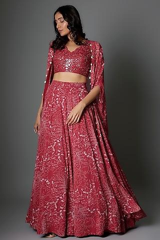 fuchsia crepe silk cape set