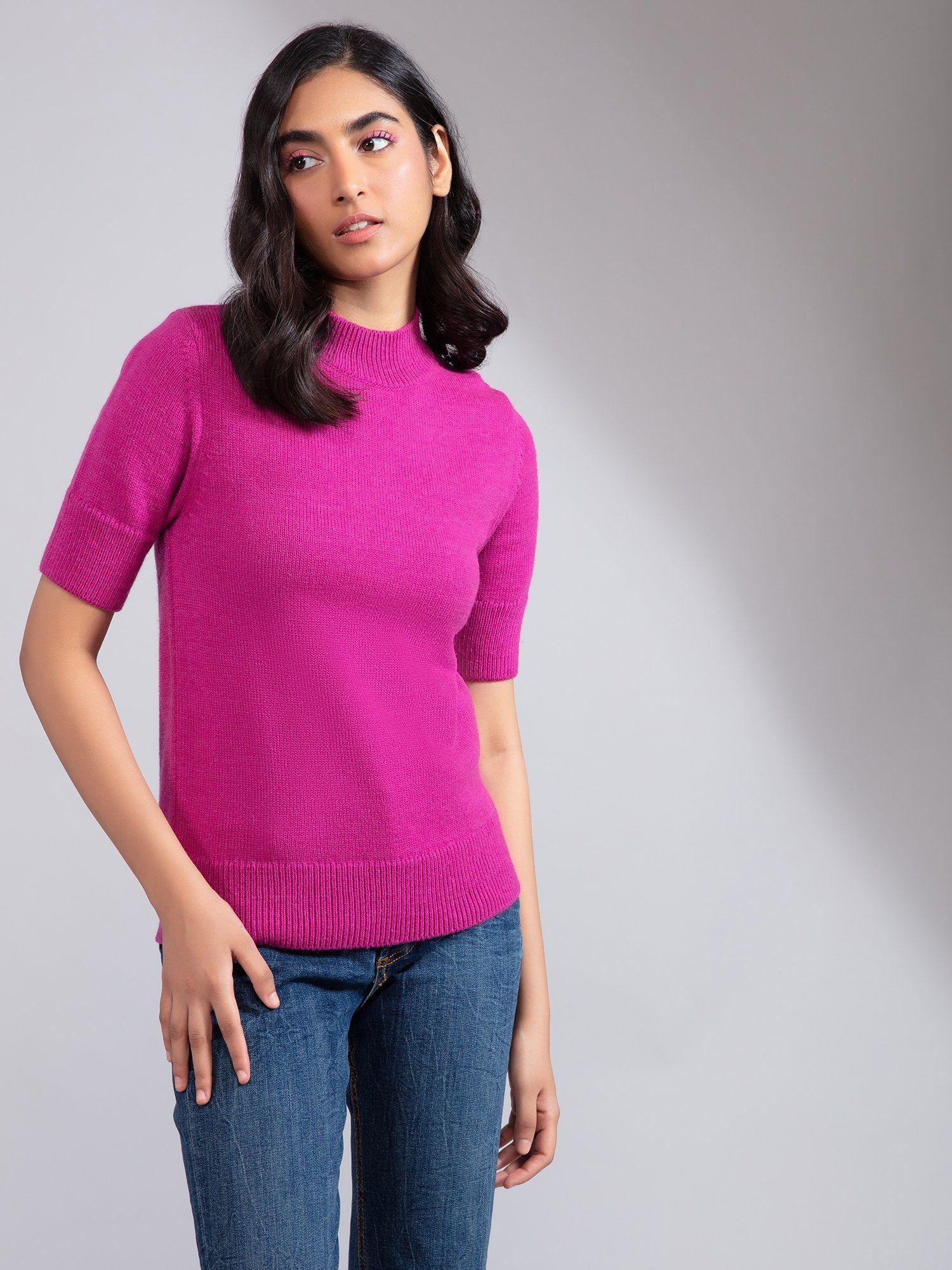 fuchsia crew neck short sleeves sweater top