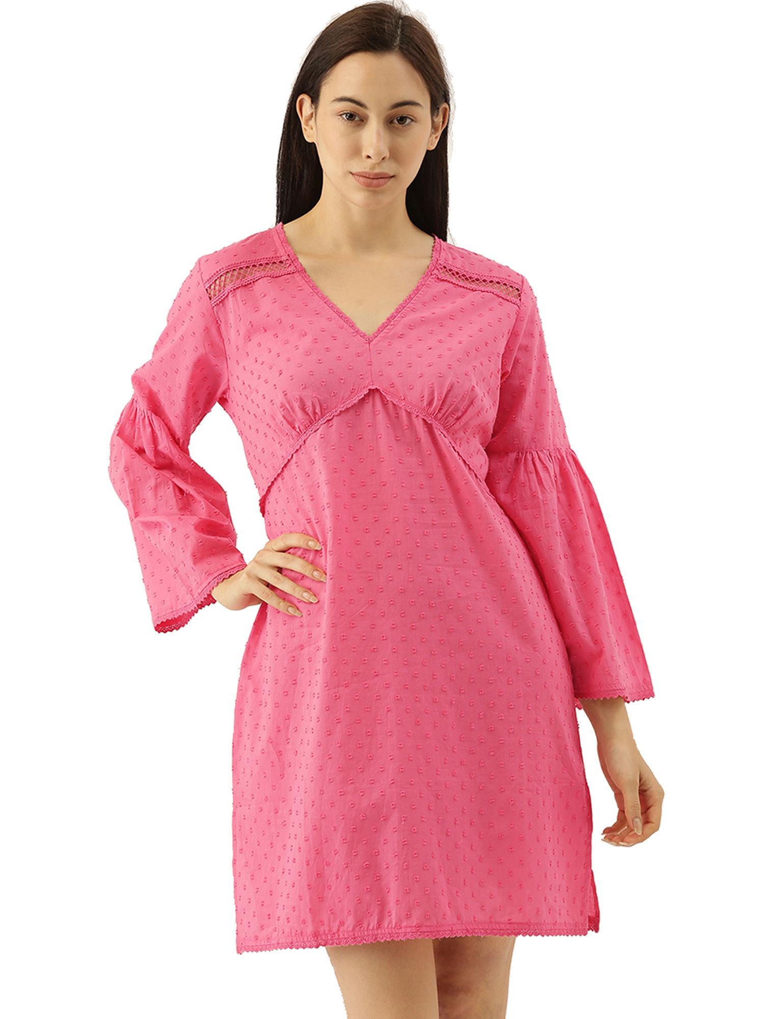 fuchsia cyril dobby self design bell sleeves short night dress - pink