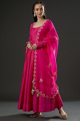 fuchsia dupion anarkali set