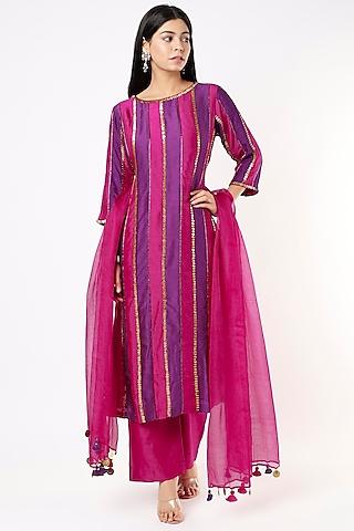 fuchsia dupion silk embroidered kurta set