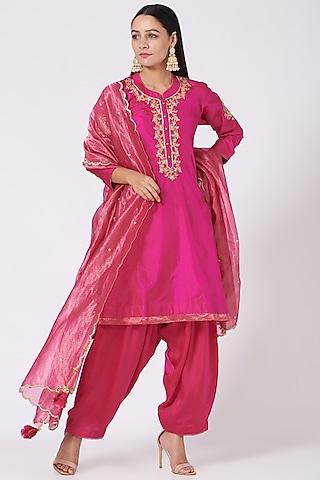 fuchsia embellished short kurta set for girls