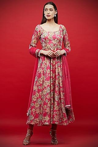 fuchsia embroidered & printed anarkali set