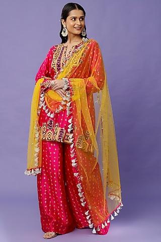 fuchsia embroidered & printed kurta set