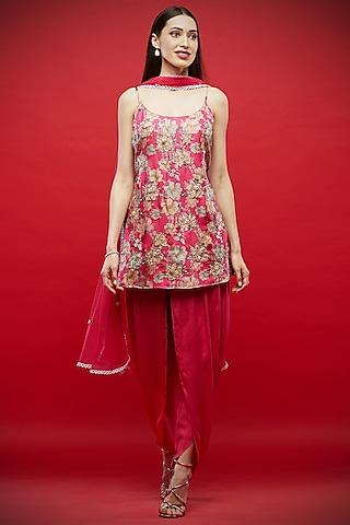 fuchsia embroidered & printed tunic set