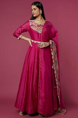 fuchsia embroidered anarkali set