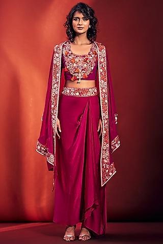 fuchsia embroidered cape set