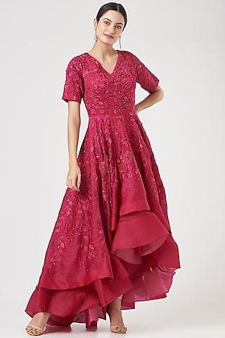 fuchsia embroidered cascading gown