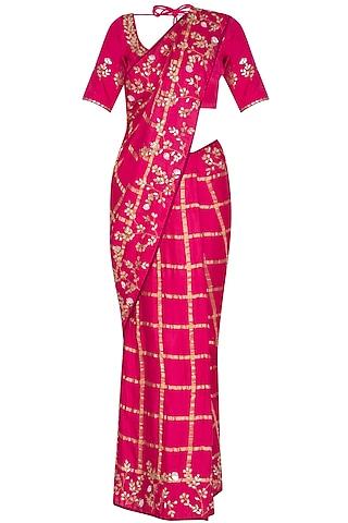 fuchsia embroidered checkered saree set
