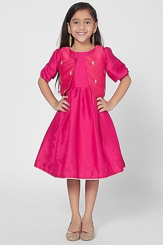fuchsia embroidered dress with jacket for girls