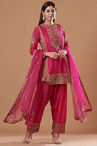 fuchsia embroidered kurta set