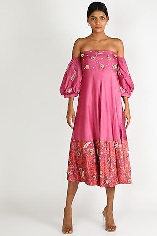fuchsia embroidered off shoulder dress for girls
