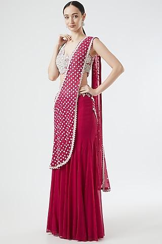 fuchsia embroidered pre-stitched saree set