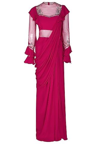 fuchsia embroidered saree gown with frills