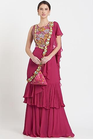 fuchsia embroidered saree set