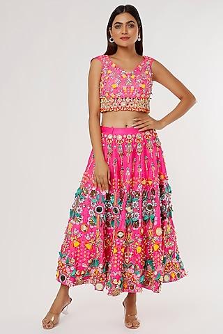 fuchsia embroidered short lehenga set