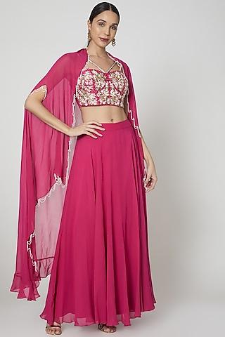 fuchsia embroidered skirt set with cape