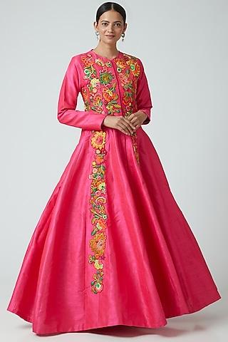 fuchsia floral embroidered kurta set