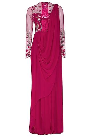 fuchsia floral embroidered saree gown