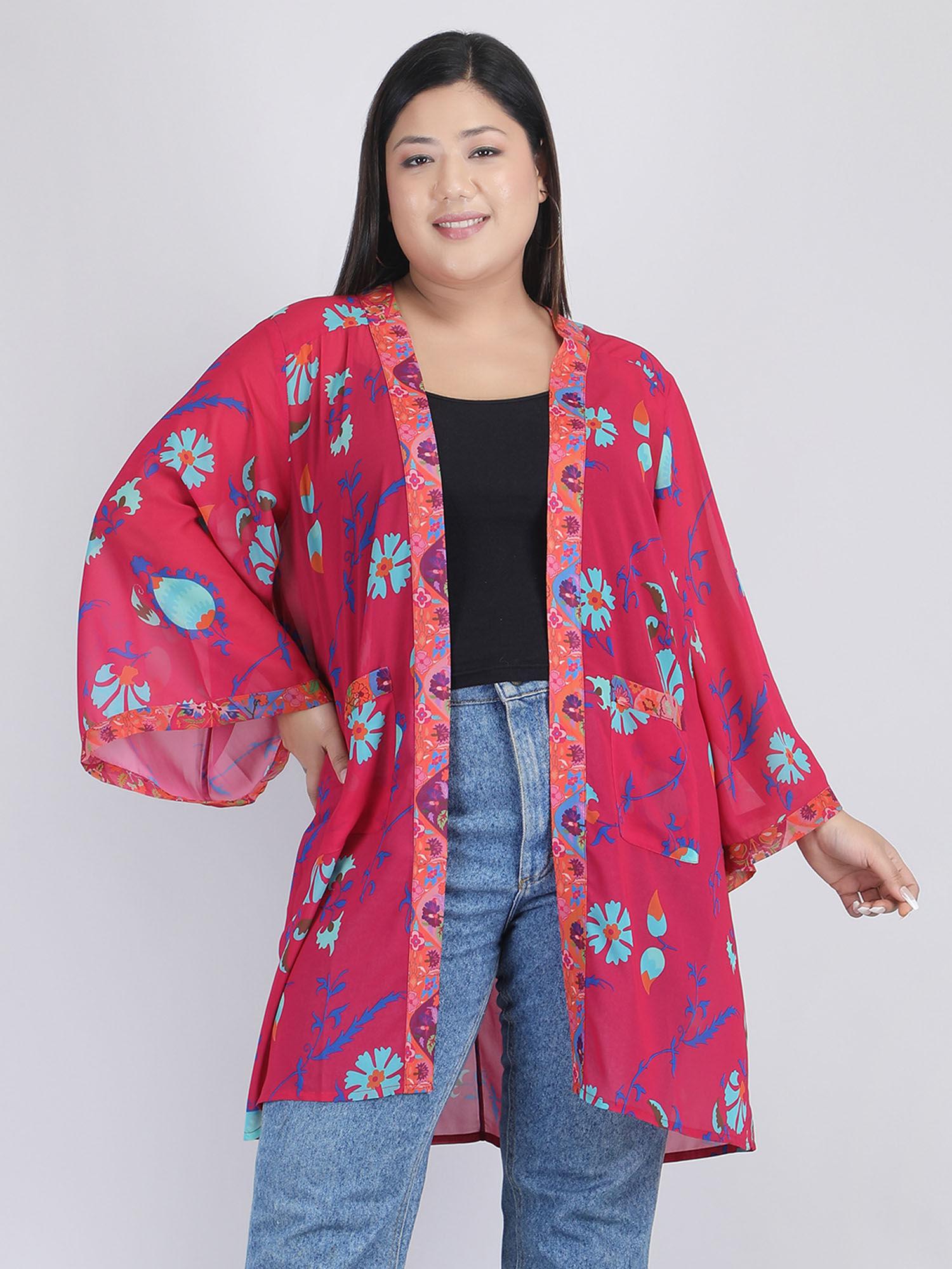 fuchsia floral print bell sleeves casual shrug for women