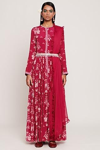 fuchsia floral printed anarkali set