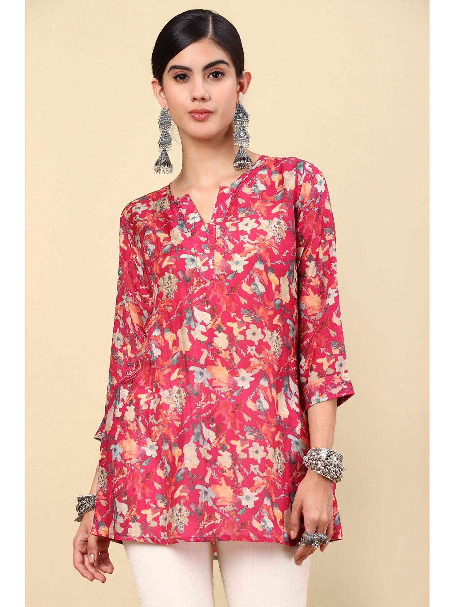 fuchsia floral printed notched neck silk blend a-line tunic