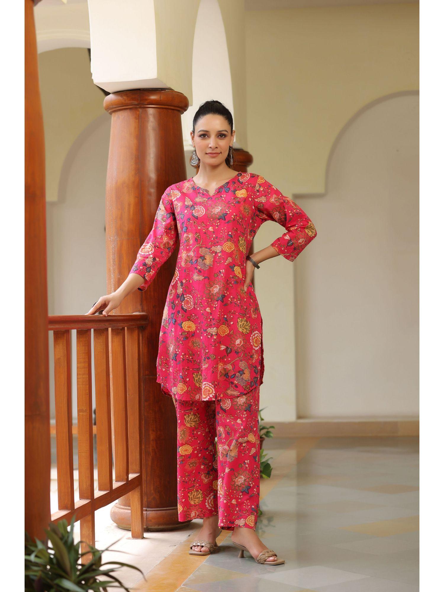 fuchsia floral regular pure cotton a-line kurta with trousers (set of 2)