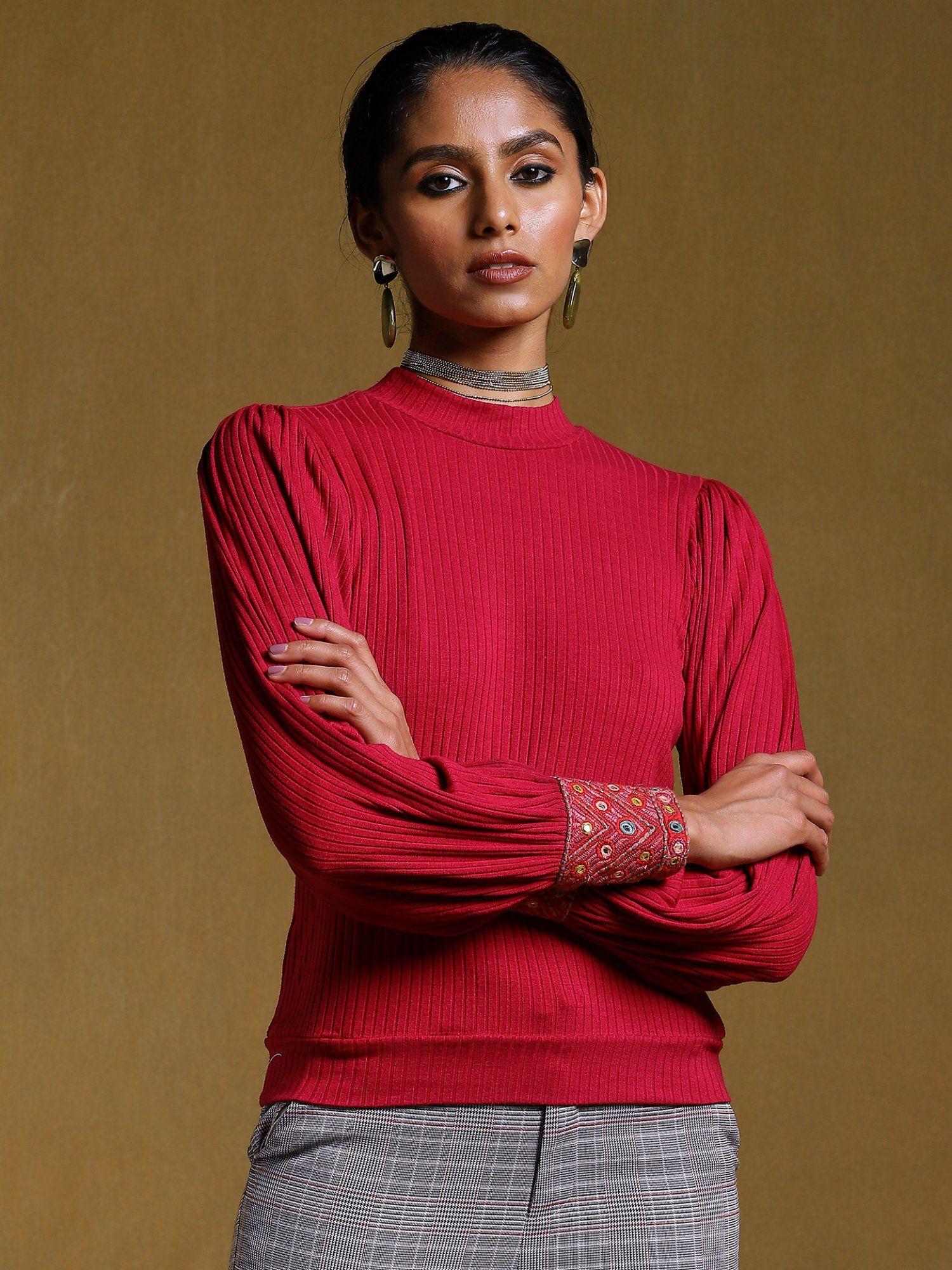 fuchsia full sleeves high neck top