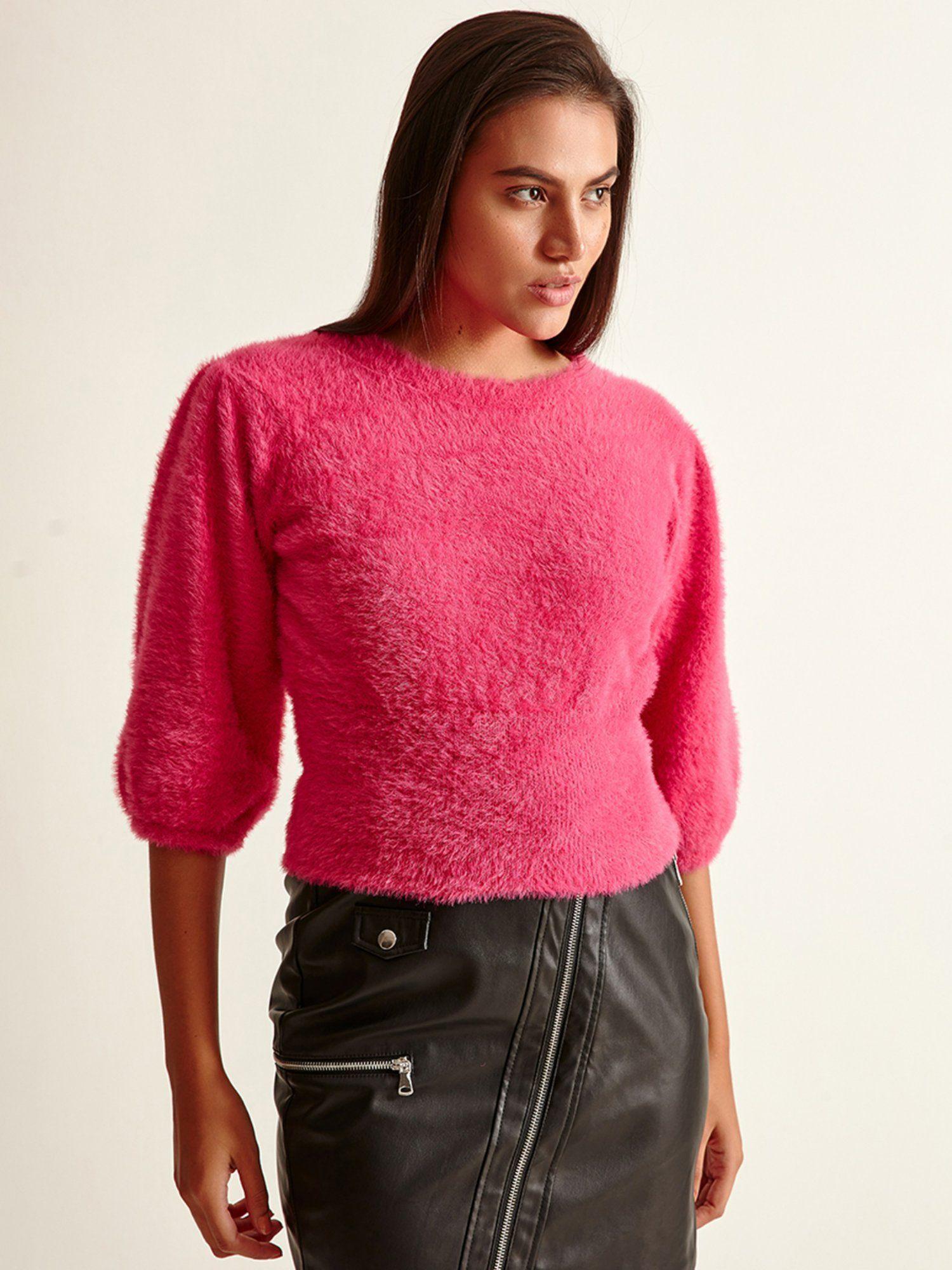 fuchsia fur crop sweater