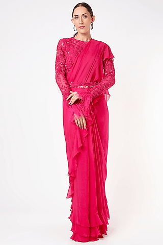 fuchsia georgette & net ruffled saree set