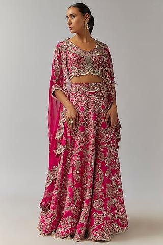 fuchsia georgette & silk mirror cutwork embroidered jacket lehenga set