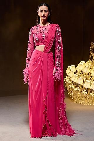 fuchsia georgette & tulle mesh draped saree set