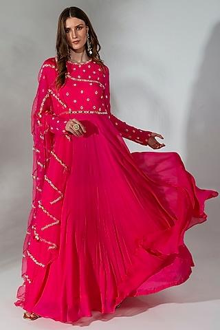 fuchsia georgette embroidered anarkali set