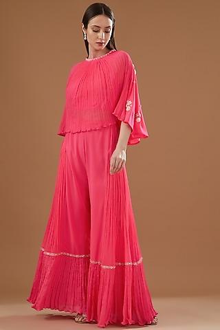 fuchsia georgette embroidered cape set