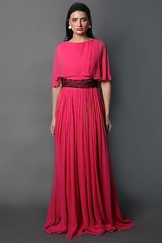 fuchsia georgette gown with attached cape