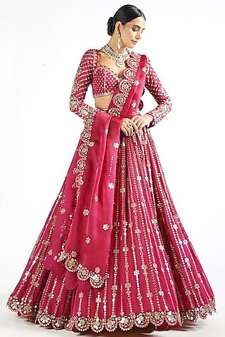 fuchsia georgette mirror embellished lehenga set