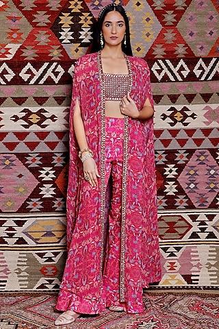 fuchsia georgette printed cape set