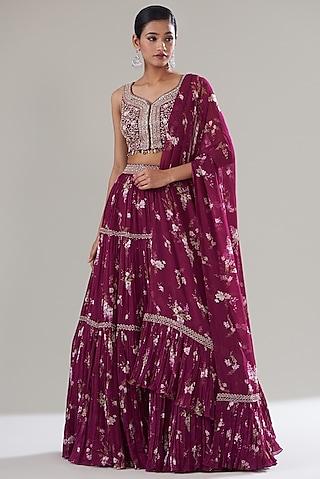 fuchsia georgette printed lehenga set