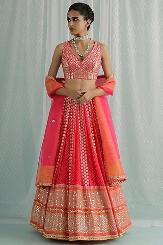 fuchsia georgette printed lehenga set