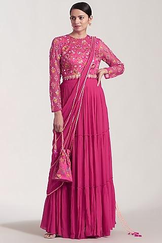 fuchsia georgette sharara saree set