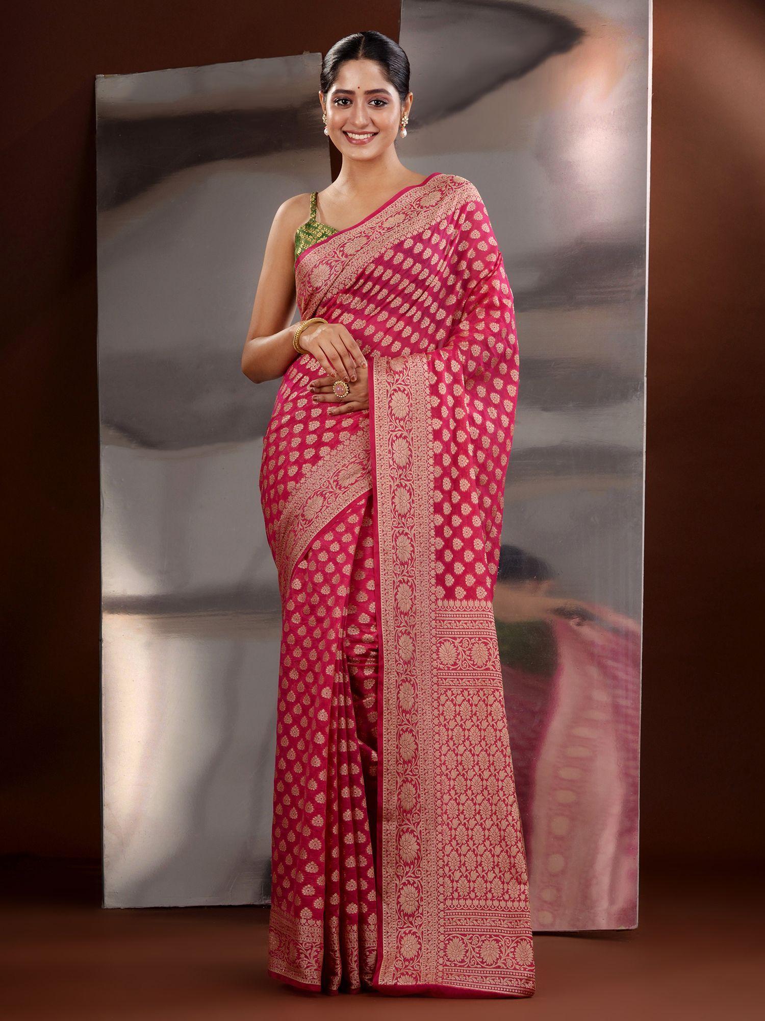 fuchsia georgette zari handwoven saree with unstitched blouse