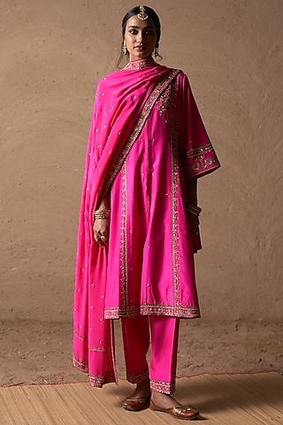 fuchsia hand embroidered anarkali set