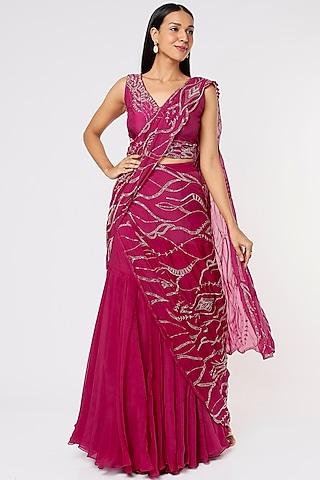 fuchsia hand embroidered double-layered saree set