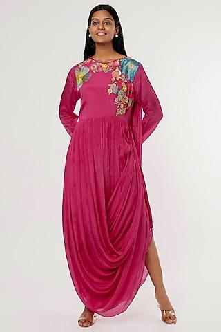 fuchsia hand embroidered drape dress