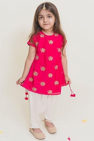 fuchsia hand embroidered kurta set for girls