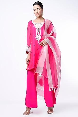 fuchsia hand embroidered kurta set